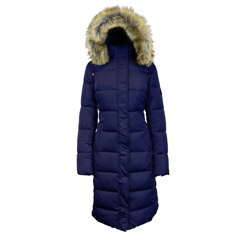 Long Heavyweight Parka Jacket with Faux-Fur Hood shown in navy against a white background