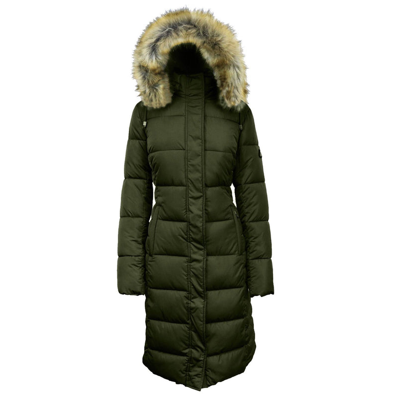 Long Heavyweight Parka Jacket with Faux-Fur Hood shown in olive against a white background