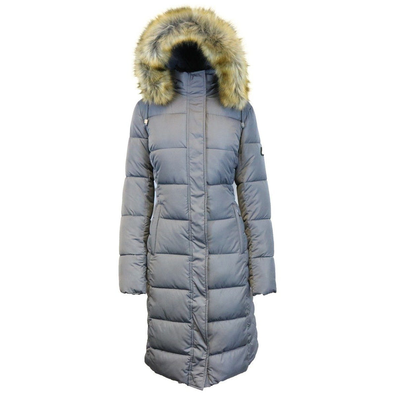 Long Heavyweight Parka Jacket with Faux-Fur Hood shown in gray against a white background