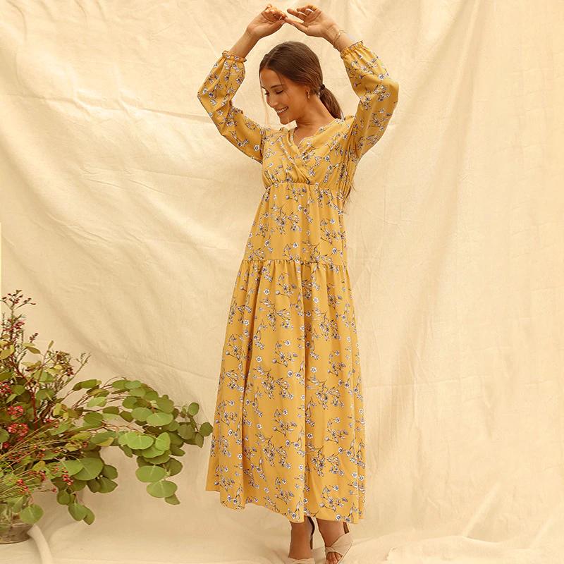 Long Sleeve Fashion Casual High Waist Maxi Dress Slim Floral Print V Neck Women's Clothing - DailySale