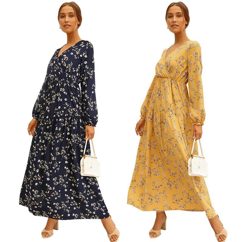 Long Sleeve Fashion Casual High Waist Maxi Dress Slim Floral Print V Neck Women's Clothing - DailySale