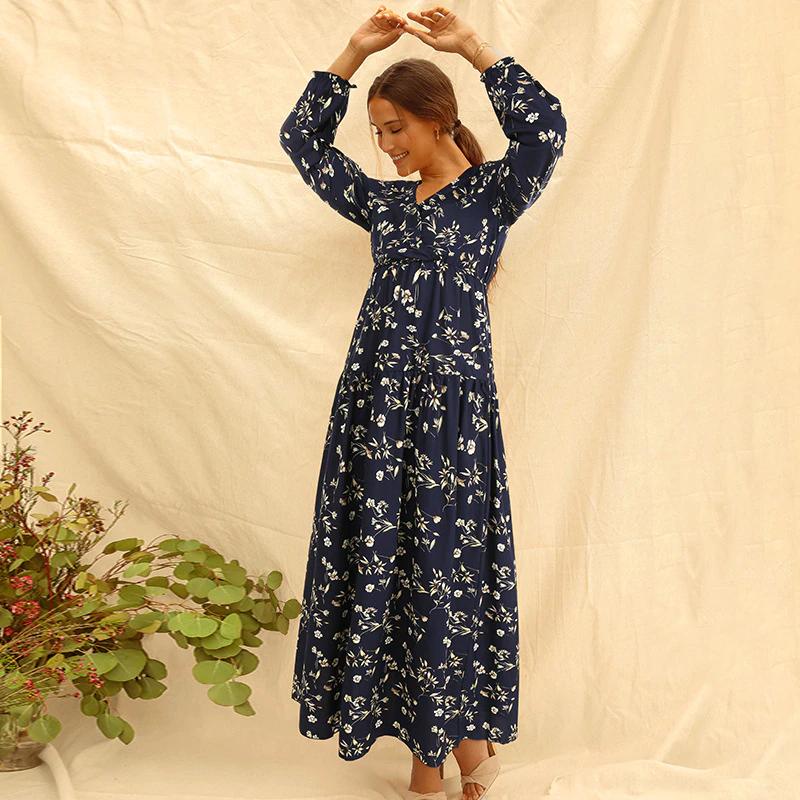 Long Sleeve Fashion Casual High Waist Maxi Dress Slim Floral Print V Neck Women's Clothing - DailySale