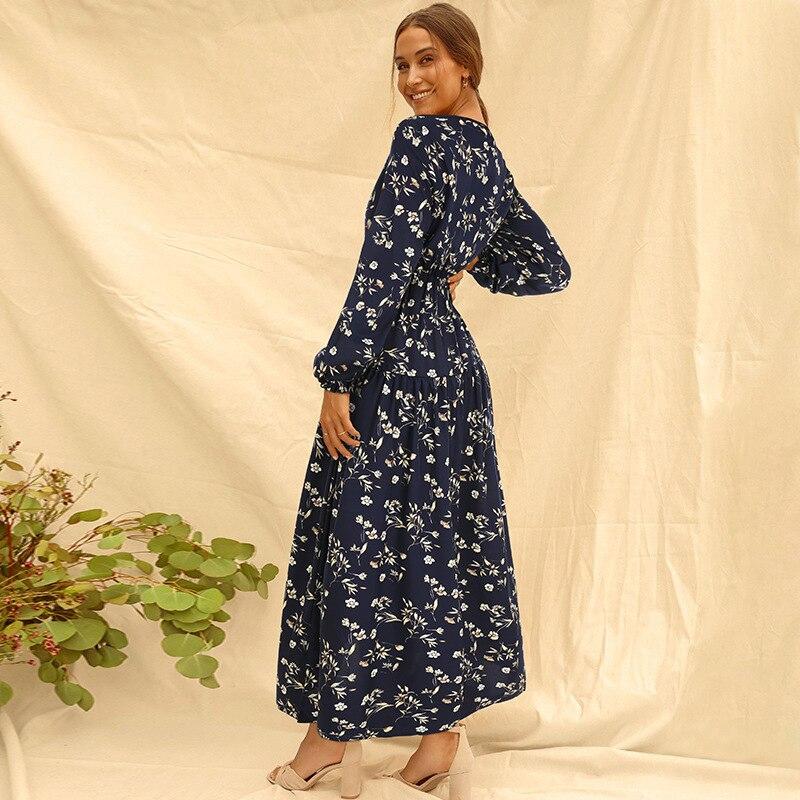 Long Sleeve Fashion Casual High Waist Maxi Dress Slim Floral Print V Neck Women's Clothing - DailySale