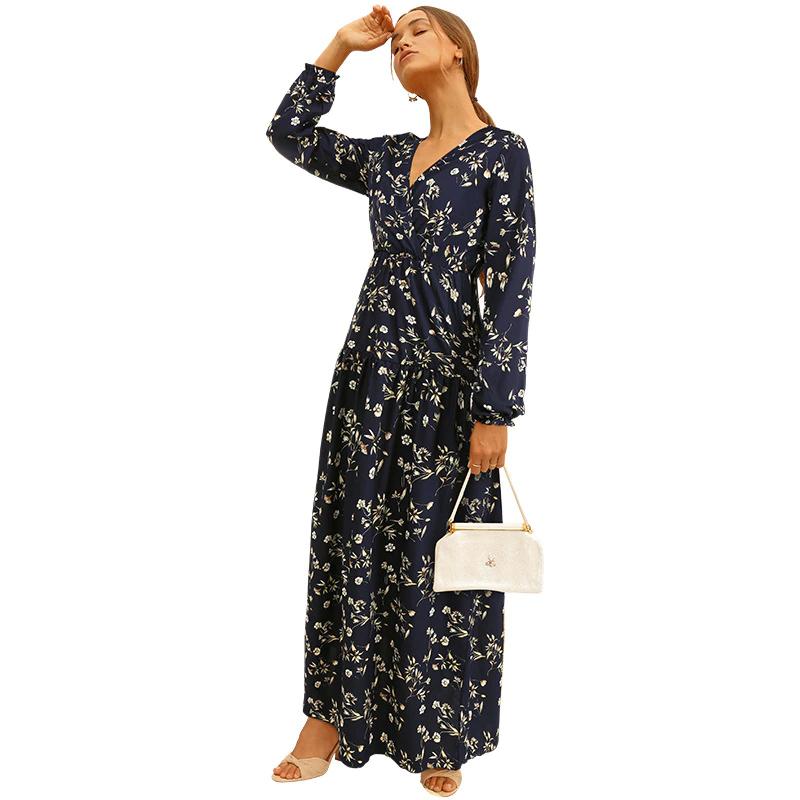 Long Sleeve Fashion Casual High Waist Maxi Dress Slim Floral Print V Neck Women's Clothing - DailySale