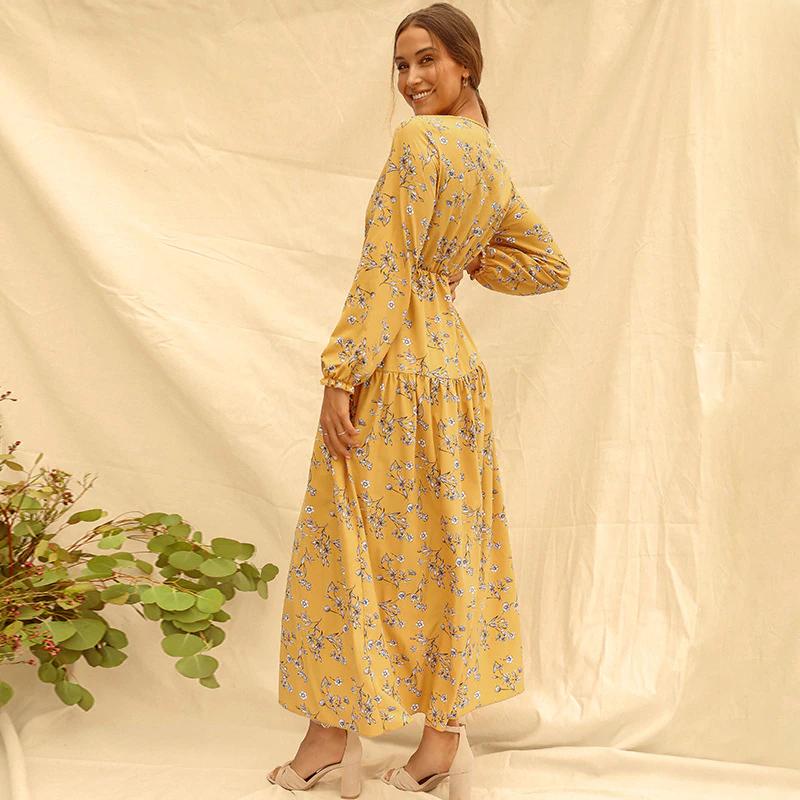 Long Sleeve Fashion Casual High Waist Maxi Dress Slim Floral Print V Neck Women's Clothing - DailySale