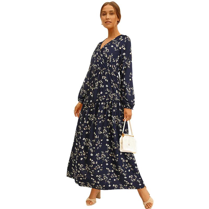 Long Sleeve Fashion Casual High Waist Maxi Dress Slim Floral Print V Neck Women's Clothing - DailySale