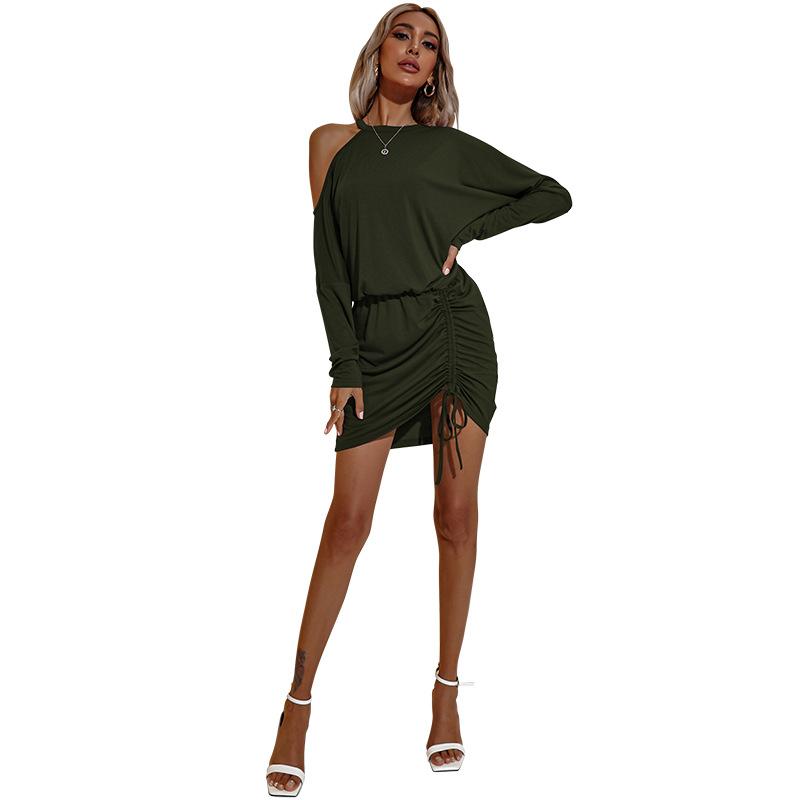 Long Sleeve Off Shoulder Sexy Loose Tie Dress Women's Clothing Army Green S - DailySale