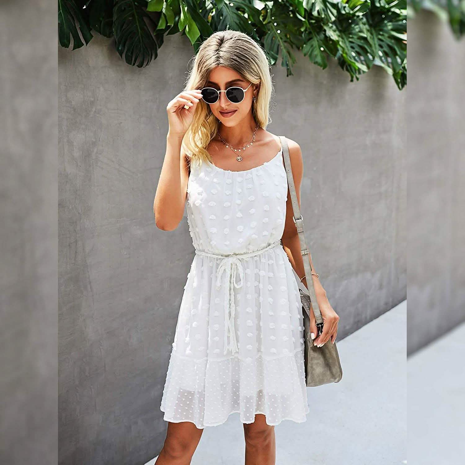 Lovinchic Women's Spaghetti Strap Tied Waist Floral Mini Dress Summer Casual Flowy Dress - White / XL Lovinchic Women's Spaghetti Strap Tied Waist Floral Mini Dress Summer Casual Flowy Dress - White / XL