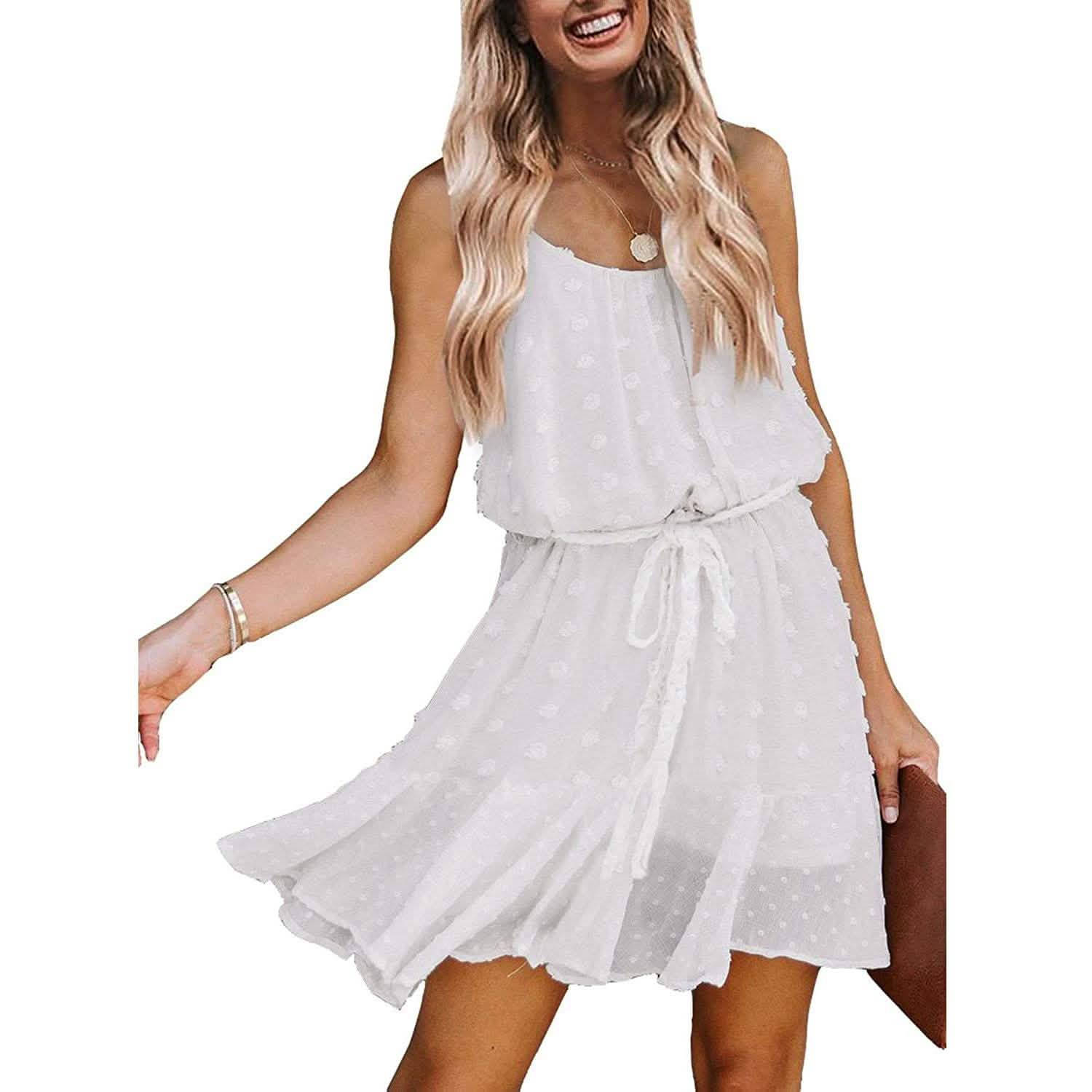 Lovinchic Women's Spaghetti Strap Tied Waist Floral Mini Dress Summer Casual Flowy Dress - White / XL Lovinchic Women's Spaghetti Strap Tied Waist Floral Mini Dress Summer Casual Flowy Dress - White / XL