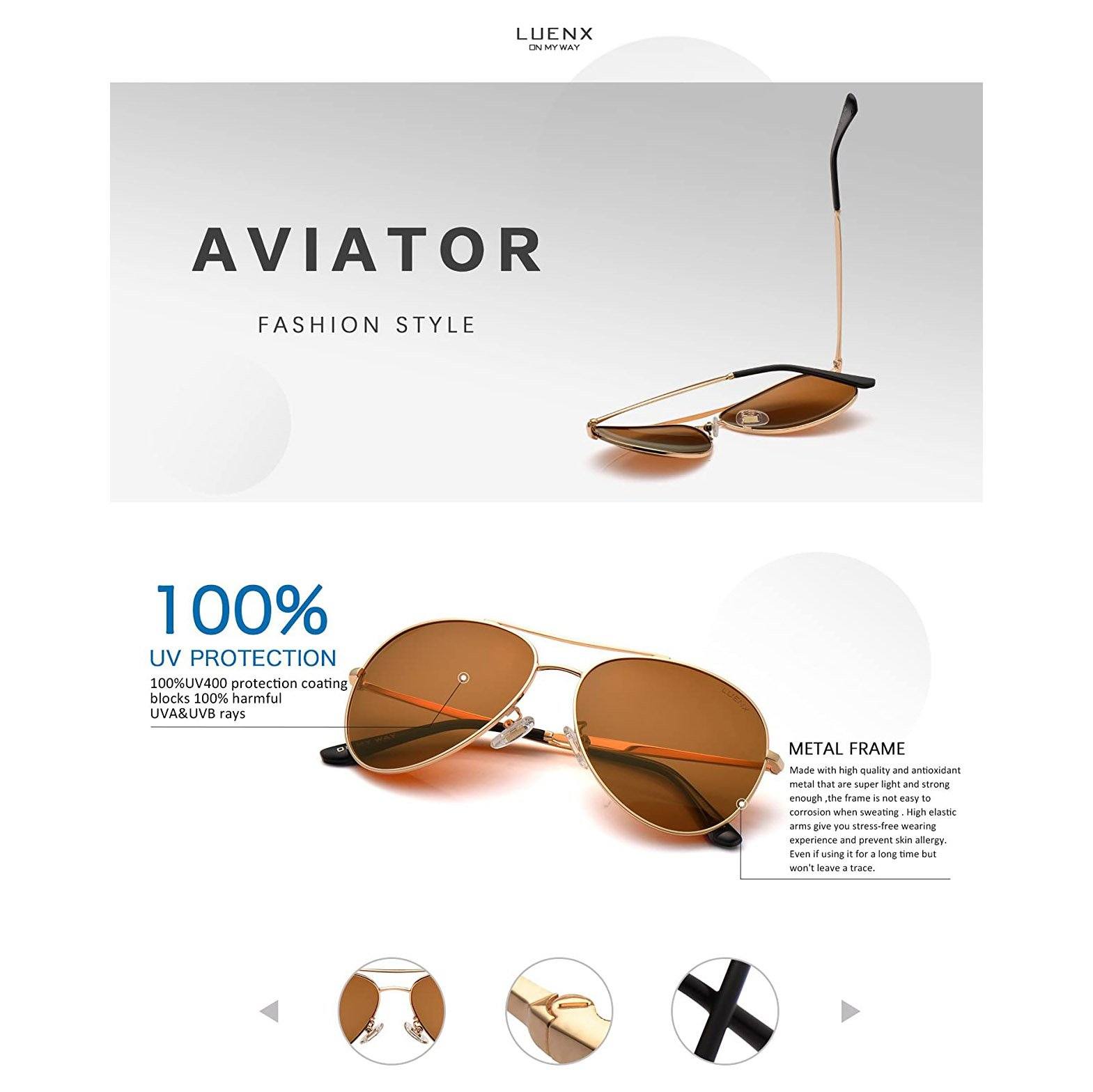 LUENX Aviator Sunglasses Men Women Polarized UV400 Metal Frame 60MM Men's Accessories - DailySale