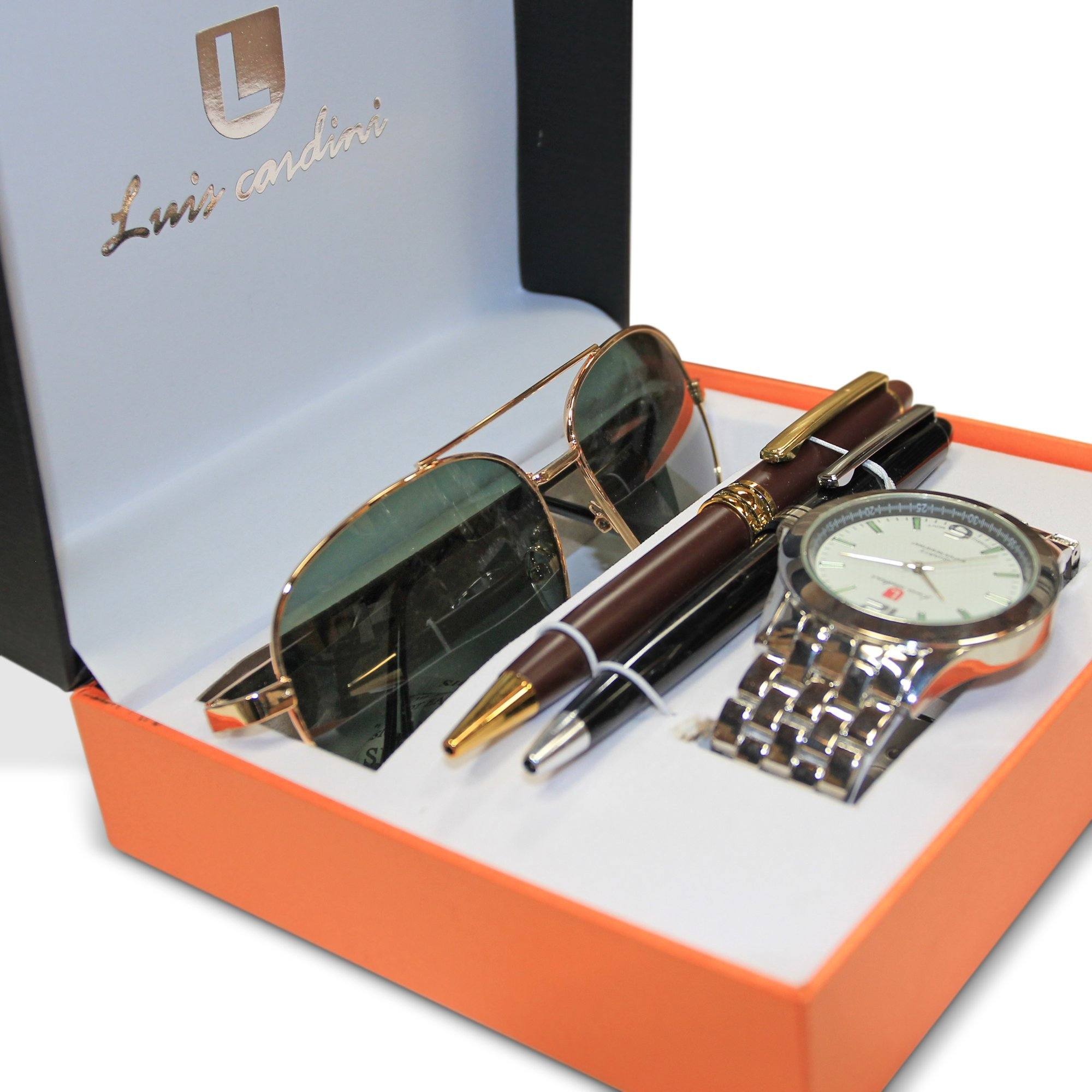 3/4 view of Luis Cardini Men's Quartz Silver Watch with 2 Pens and Sunglasses Gift Set, shown in open box