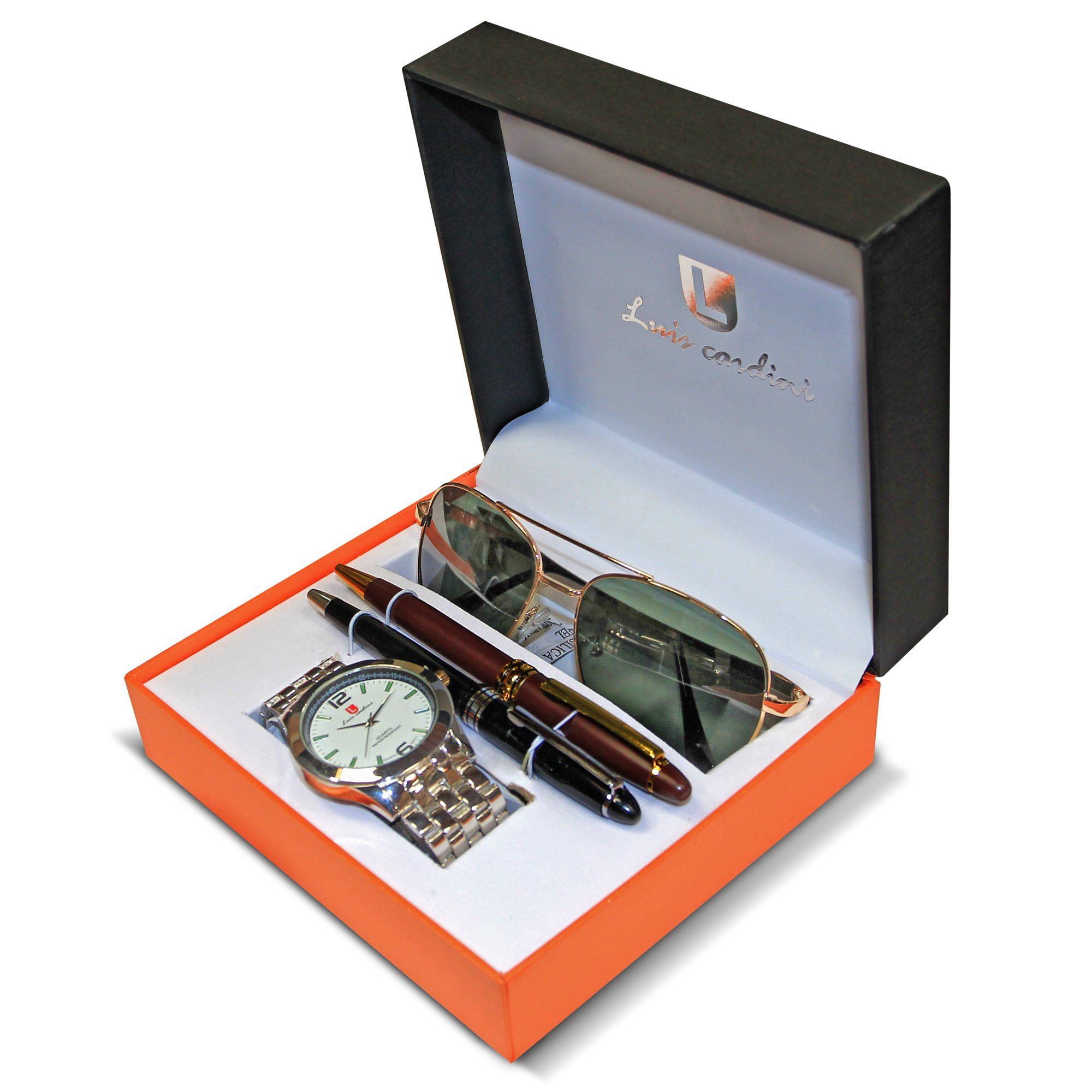 3/4 left view of Luis Cardini Men's Quartz Silver Watch with 2 Pens and Sunglasses Gift Set, shown in closed box