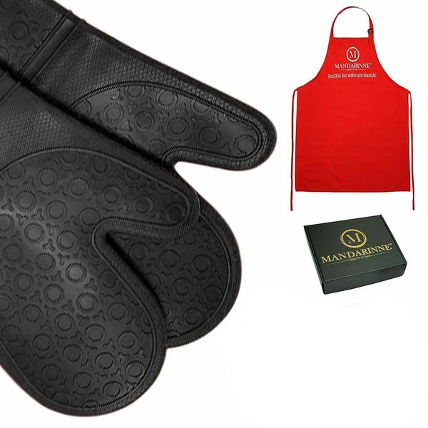 Oven mitts and apron next to box of Mandarinne Silicone Oven Mitts and Apron Set