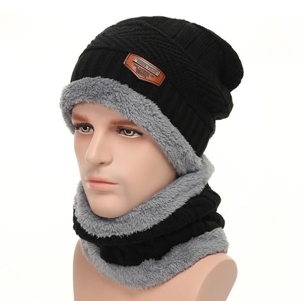 Men And Women Knitted Winter Scarf & Hat Fleece Lined Bonnet Beanies Men's Shoes & Accessories Black - DailySale