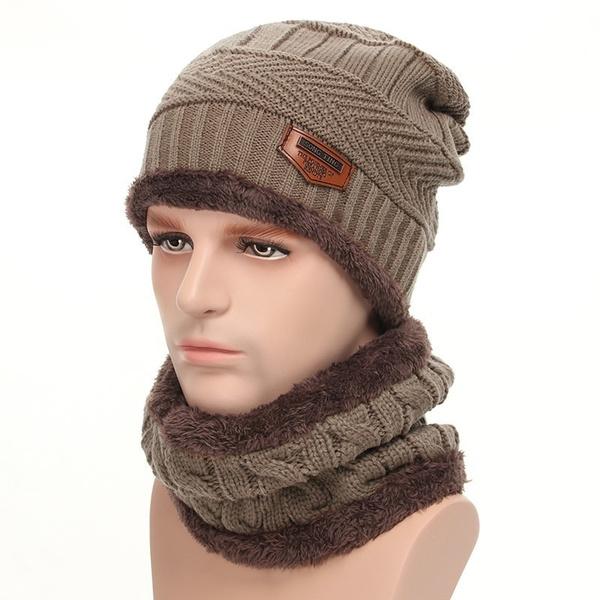Men And Women Knitted Winter Scarf & Hat Fleece Lined Bonnet Beanies Men's Shoes & Accessories Khaki - DailySale