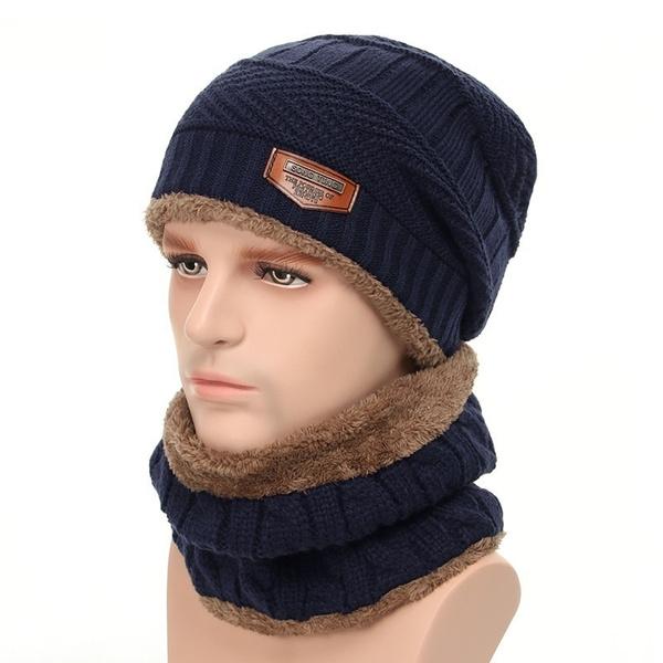 Men And Women Knitted Winter Scarf & Hat Fleece Lined Bonnet Beanies Men's Shoes & Accessories Navy Blue - DailySale
