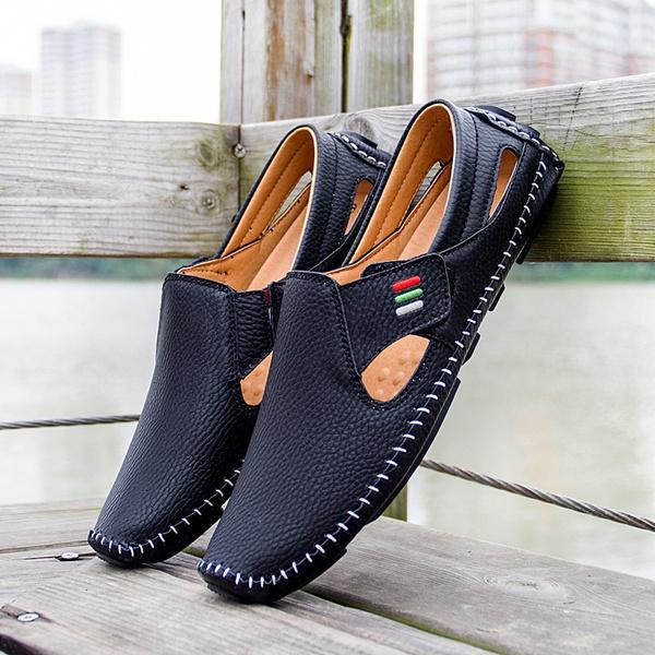 Men's casual shoes slip on hollow leather sales loafers