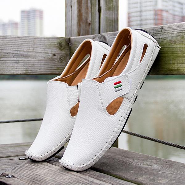 Men Casual Shoes Slip on Hollow Leather Men Shoes Men's Clothing White 5 - DailySale