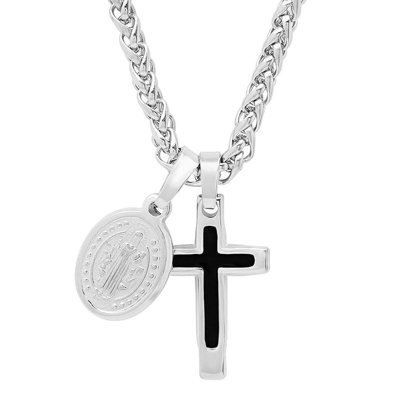 Men Stainless Steel Necklace with Cross and St. Benedict Pendants Necklaces - DailySale