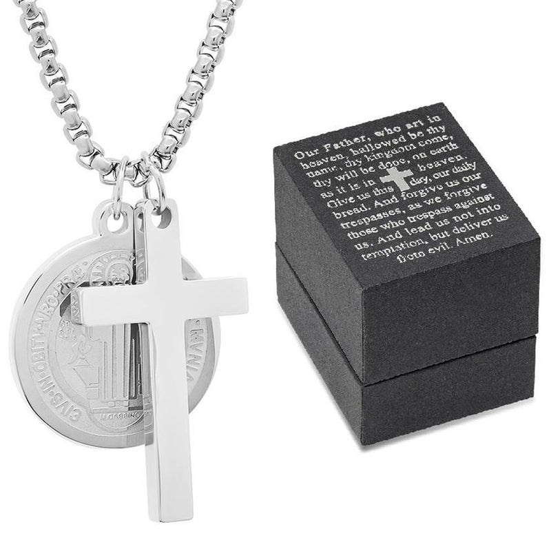 Men Stainless Steel Saint Benedict and Cross Charm with Prayer Gift Box Jewelry - DailySale