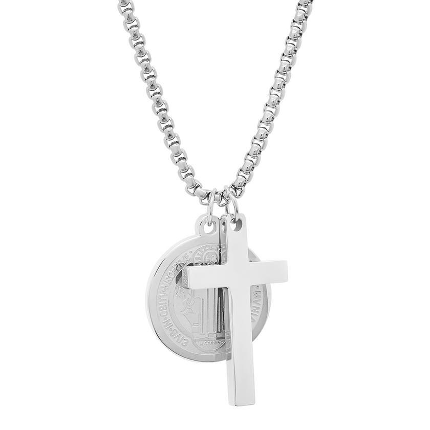 Men Stainless Steel Saint Benedict and Cross Charm with Prayer Gift Box Jewelry Silver - DailySale