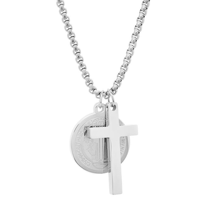 Men Stainless Steel Saint Benedict and Cross Charm with Prayer Gift Box Jewelry Silver - DailySale