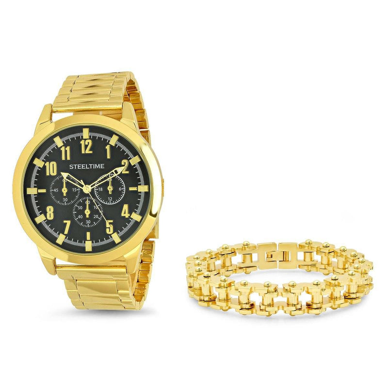 Men's 18K Gold Plated Alloy Strap and Stainless Steel Watch and 18K Gold Plated Stainless Steel Bracelet Men's Accessories - DailySale
