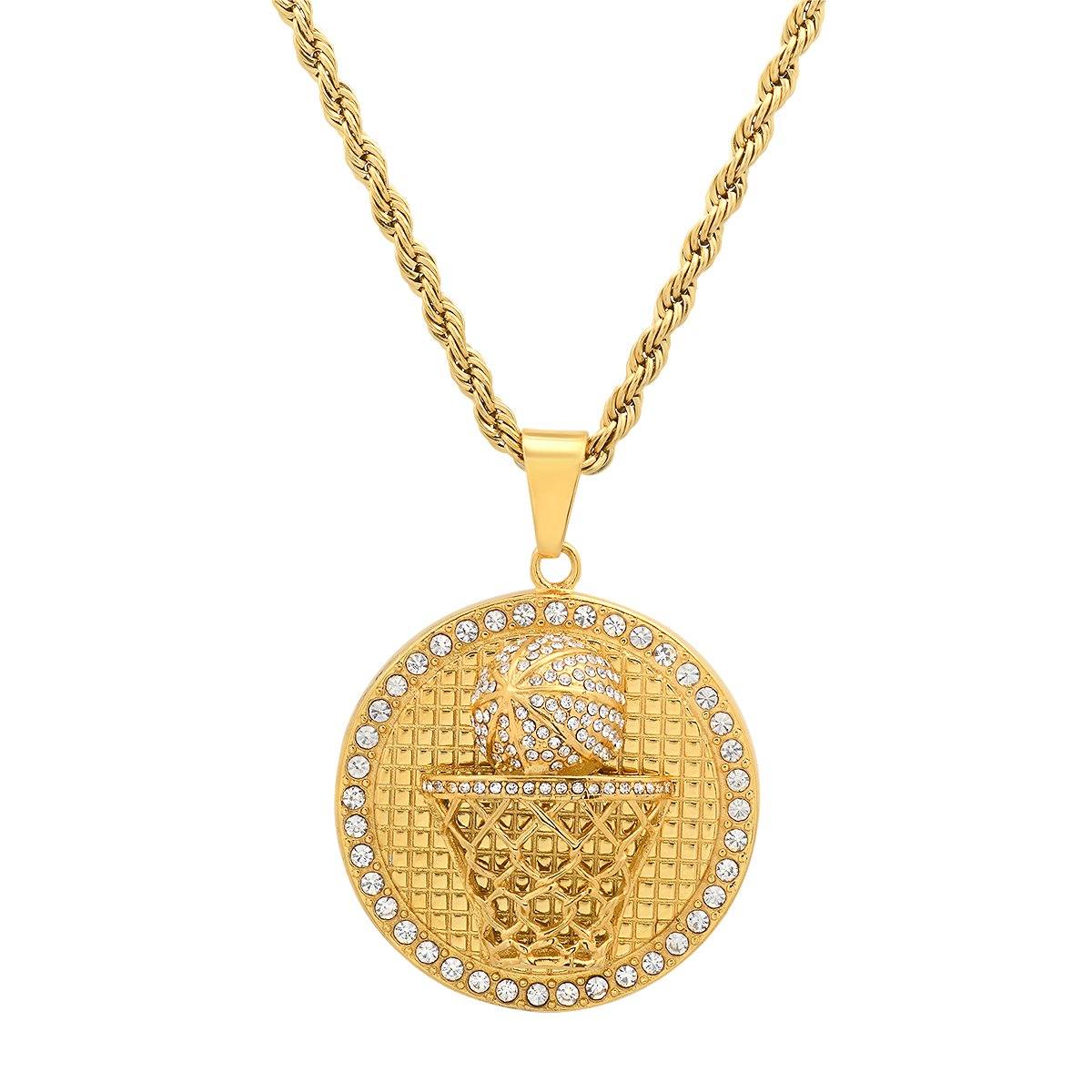 Men's 18k Gold Plated Stainless Steel and Simulated Diamonds Round Basketball Pendant Men's Accessories - DailySale