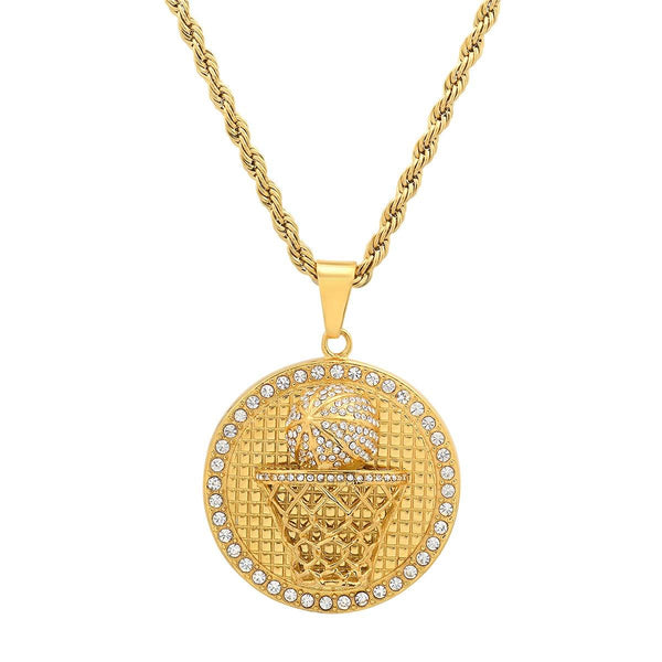 Men's 18k Gold Plated Stainless Steel and Simulated Diamonds Round Basketball Pendant Men's Accessories - DailySale
