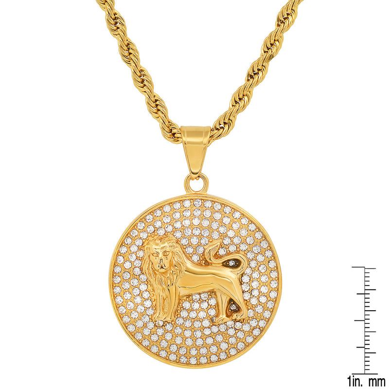 Men's 18k Gold Plated Stainless Steel And Simulated Diamonds Round Lion Pendant Necklaces - DailySale
