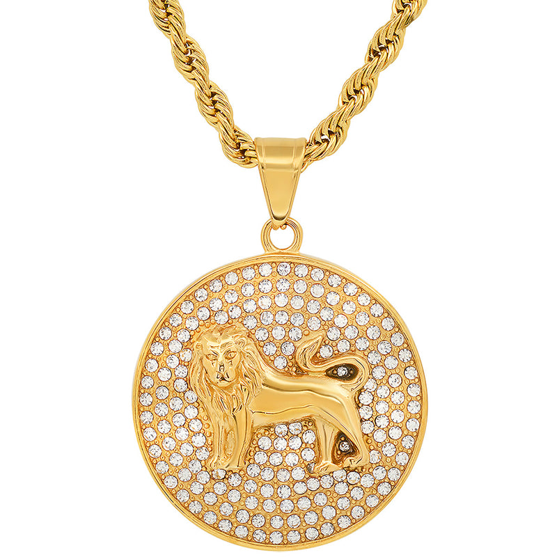 Men's 18k Gold Plated Stainless Steel And Simulated Diamonds Round Lion Pendant Necklaces - DailySale