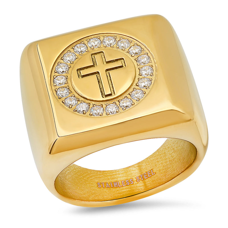 Men's 18k Gold Plated Stainless Steel and Simulated Diamonds Square Cross Ring Rings 9 - DailySale