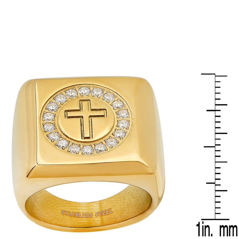 Men's 18k Gold Plated Stainless Steel and Simulated Diamonds Square Cross Ring Rings - DailySale