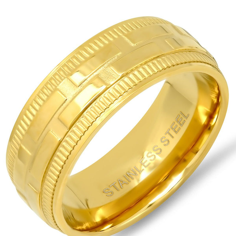 Men's 18K Gold Plated Stainless Steel Brick Pattern Ring Rings 9 - DailySale
