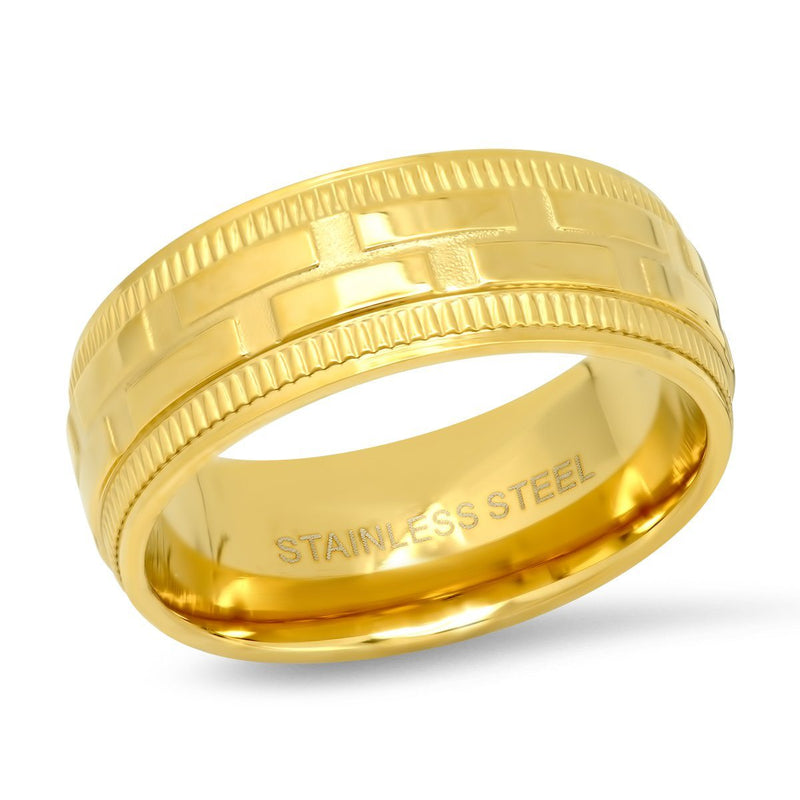 Men's 18K Gold Plated Stainless Steel Brick Pattern Ring Rings - DailySale