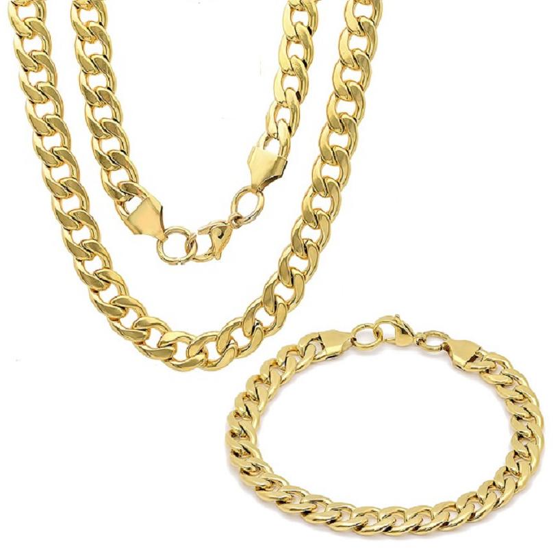 Men's 18k Gold Plated Stainless Steel Cuban Link Chain Bracelet and Necklace Set Necklaces - DailySale