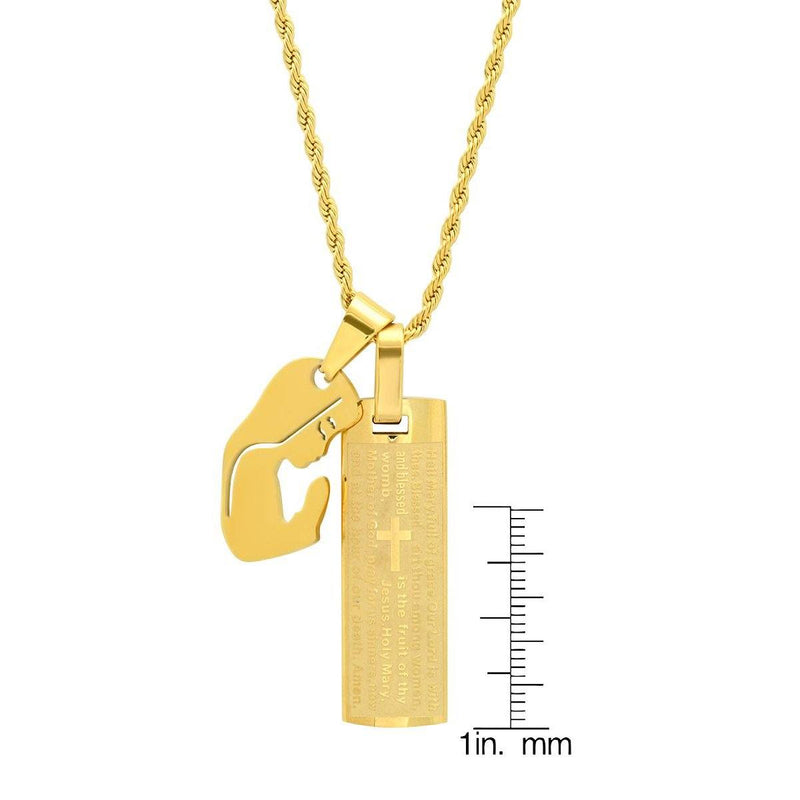 Men's 18K Gold Plated Stainless Steel Dog Tag Our Father English Prayer and Hail Mary Pendant