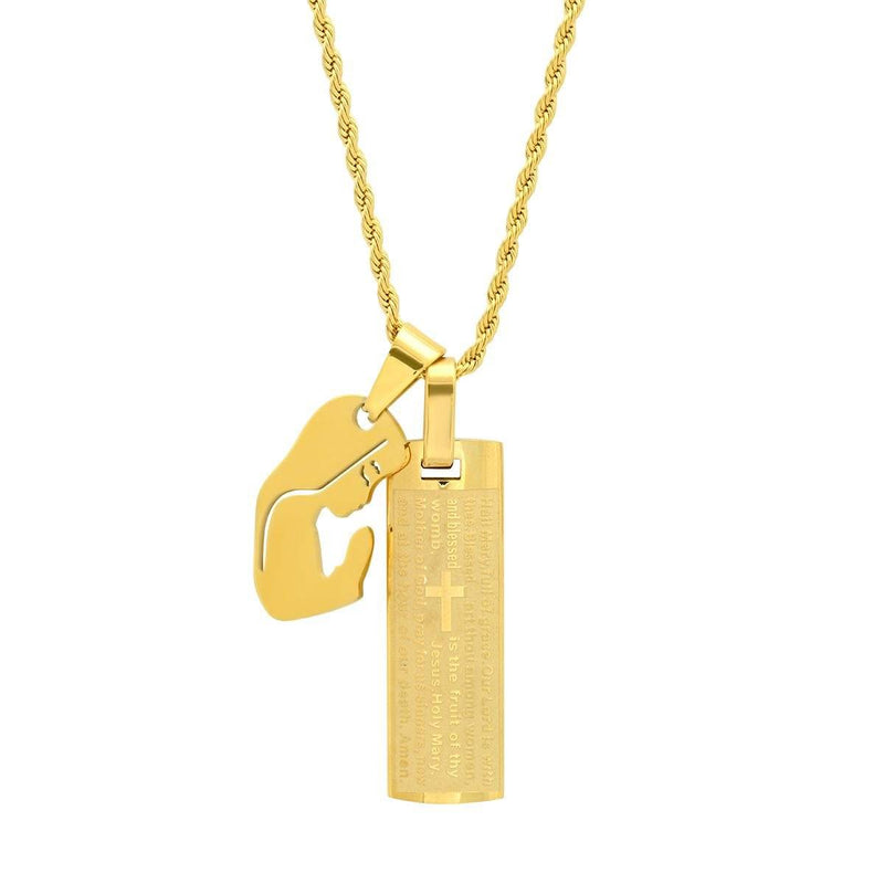Men's 18K Gold Plated Stainless Steel Dog Tag Our Father English Prayer and Hail Mary Pendant