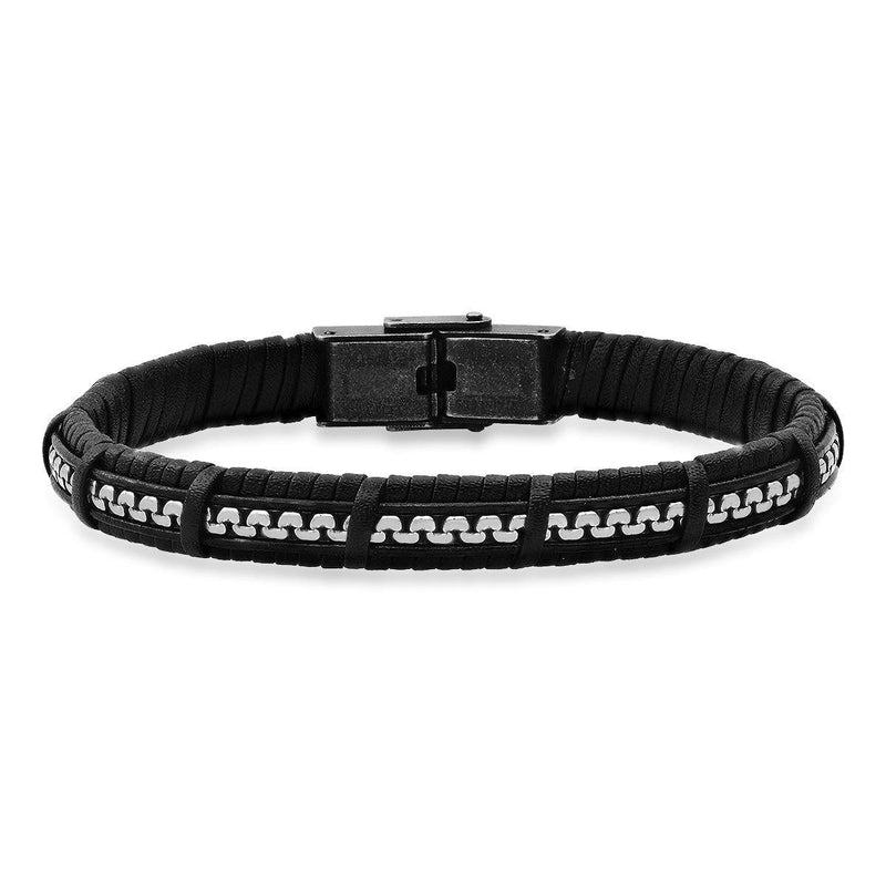 Men's Black Braided Leather and Inlay Stainless Steel Box Chain Bracelet Bracelets - DailySale