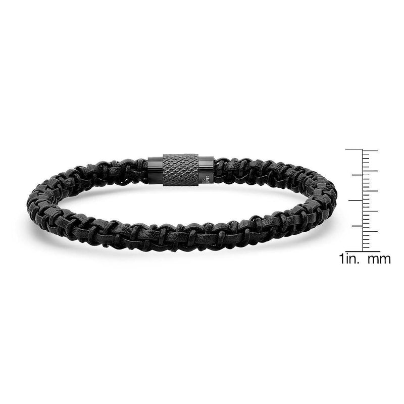 Men's Black Braided Leather Bracelet with Black IP Stainless Steel Accented Magnetic Clasp Men's Accessories - DailySale