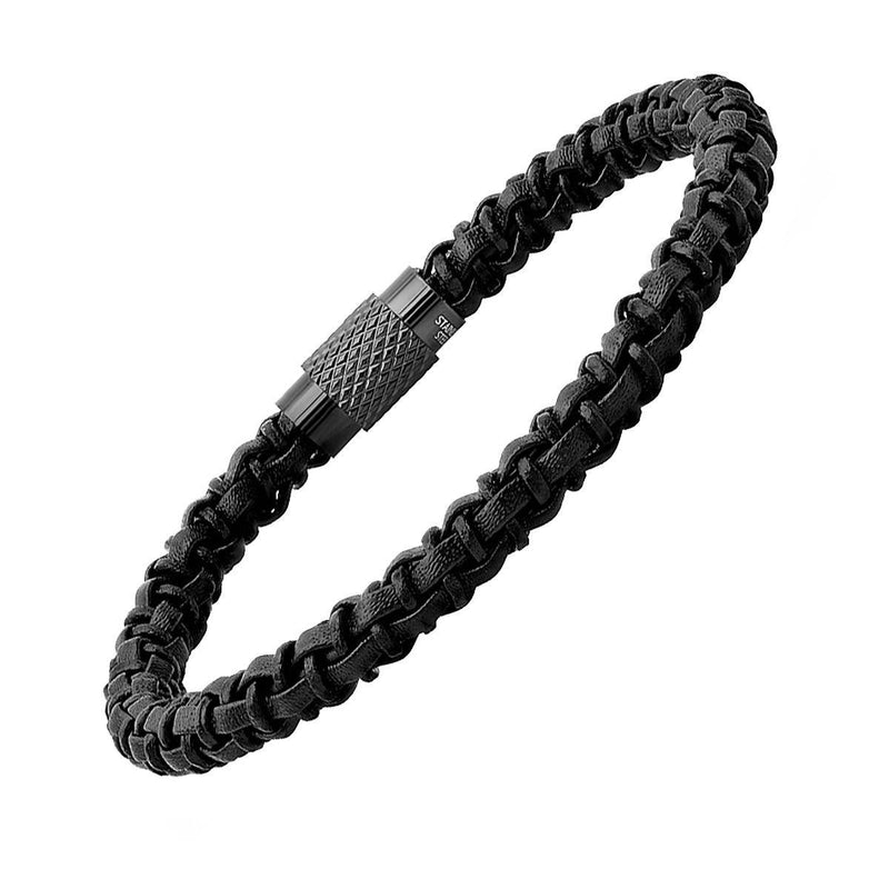 Men's Black Braided Leather Bracelet with Black IP Stainless Steel Accented Magnetic Clasp Men's Accessories - DailySale