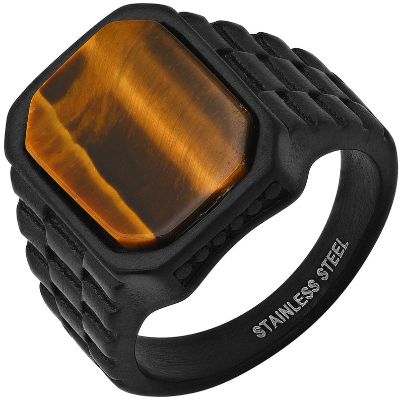 Men's Black IP Stainless Steel and Tiger Eye Ring Rings - DailySale