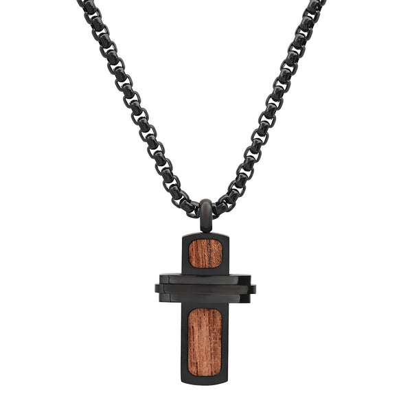 Men's Black IP Stainless Steel and Wood Small Cross Pendant Mobile Accessories - DailySale
