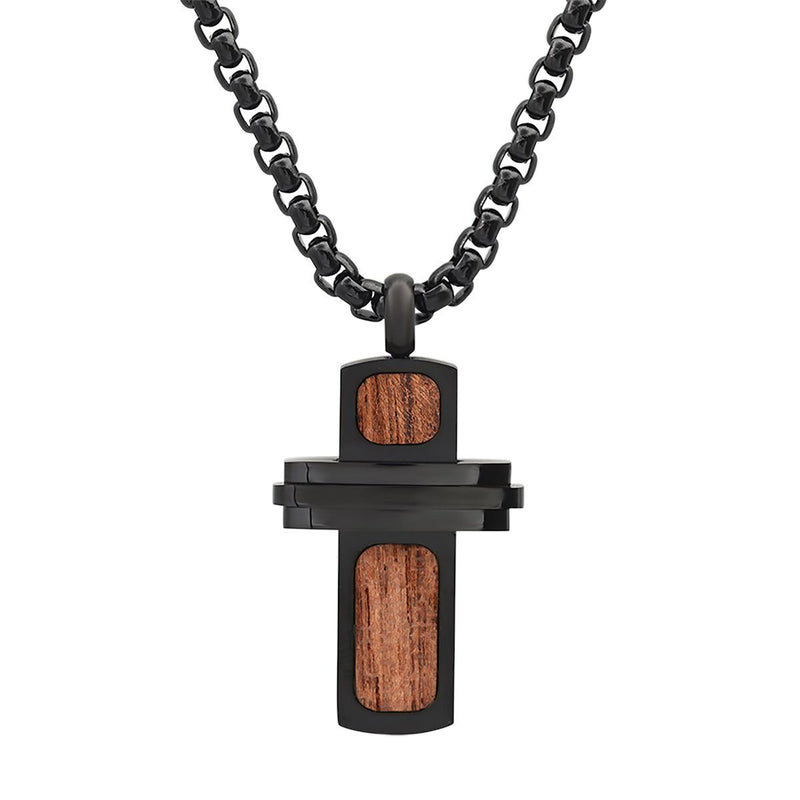 Men's Black IP Stainless Steel and Wood Small Cross Pendant Mobile Accessories - DailySale