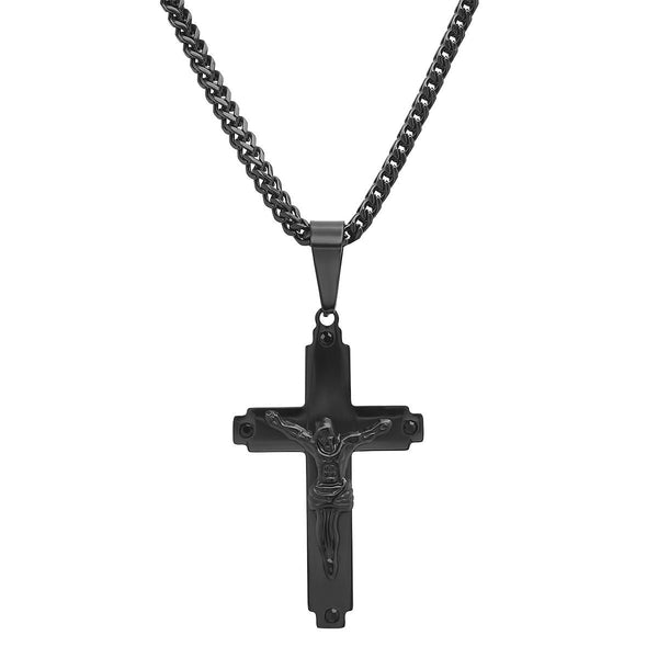 Men's Black IP Stainless Steel Cross with Simulated Black Diamonds Pendant Necklaces - DailySale