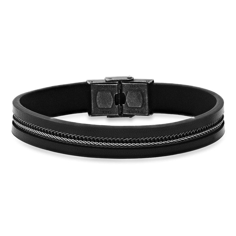Men's Black Leather and Two Tone Black IP & Stainless Steel Inlay Wheat Chain Bracelet Bracelets - DailySale