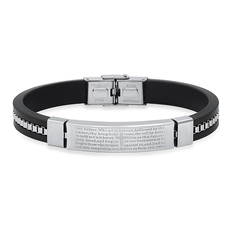 Men's Black Rubber and Stainless Steel Box Inlay Chain Our Father Prayer Bracelet