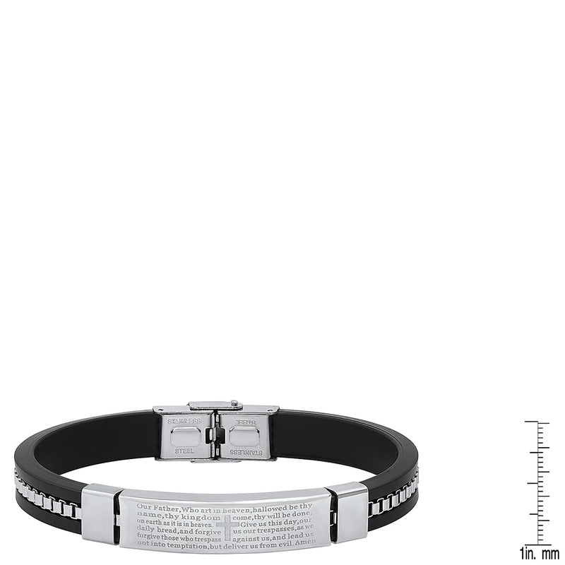 Men's Black Rubber and Stainless Steel Box Inlay Chain Our Father Prayer Bracelet