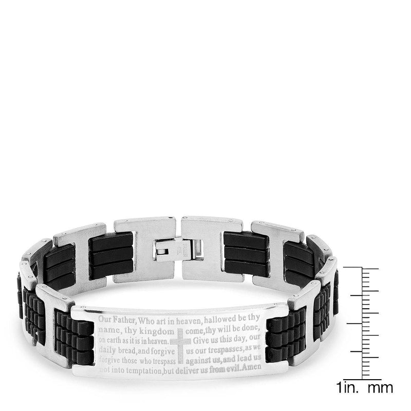 Men's Black Rubber and Stainless Steel Our Father English Prayer ID Link Bracelet Bracelets - DailySale
