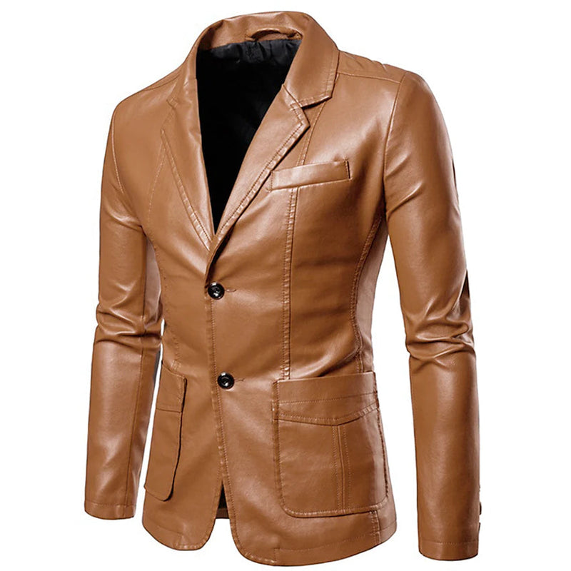 Men's Blazer Faux Leather Jacket Men's Outerwear Khaki M - DailySale